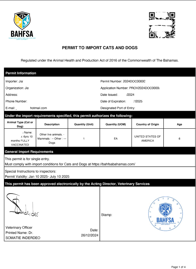 BAHFSA-approved Bahamas pet permit delivered